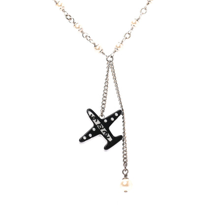 Chanel Resin Pearl Striped Airplane Necklace Black White Multi 4 of 5