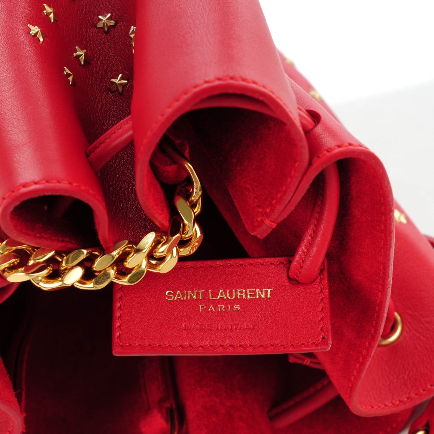 Calfskin Star Studded Small Monogram Bucket Bag Red