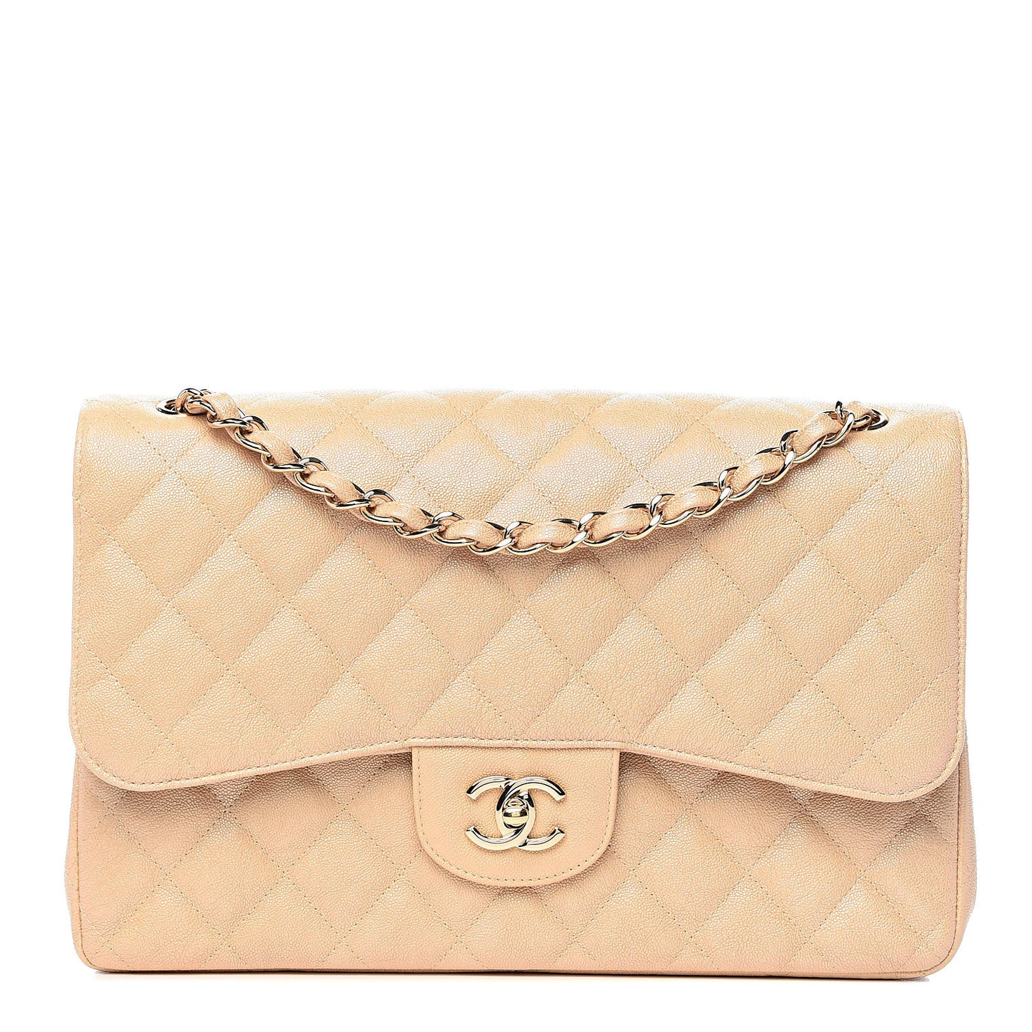 Iridescent Caviar Quilted Jumbo Double Flap Beige