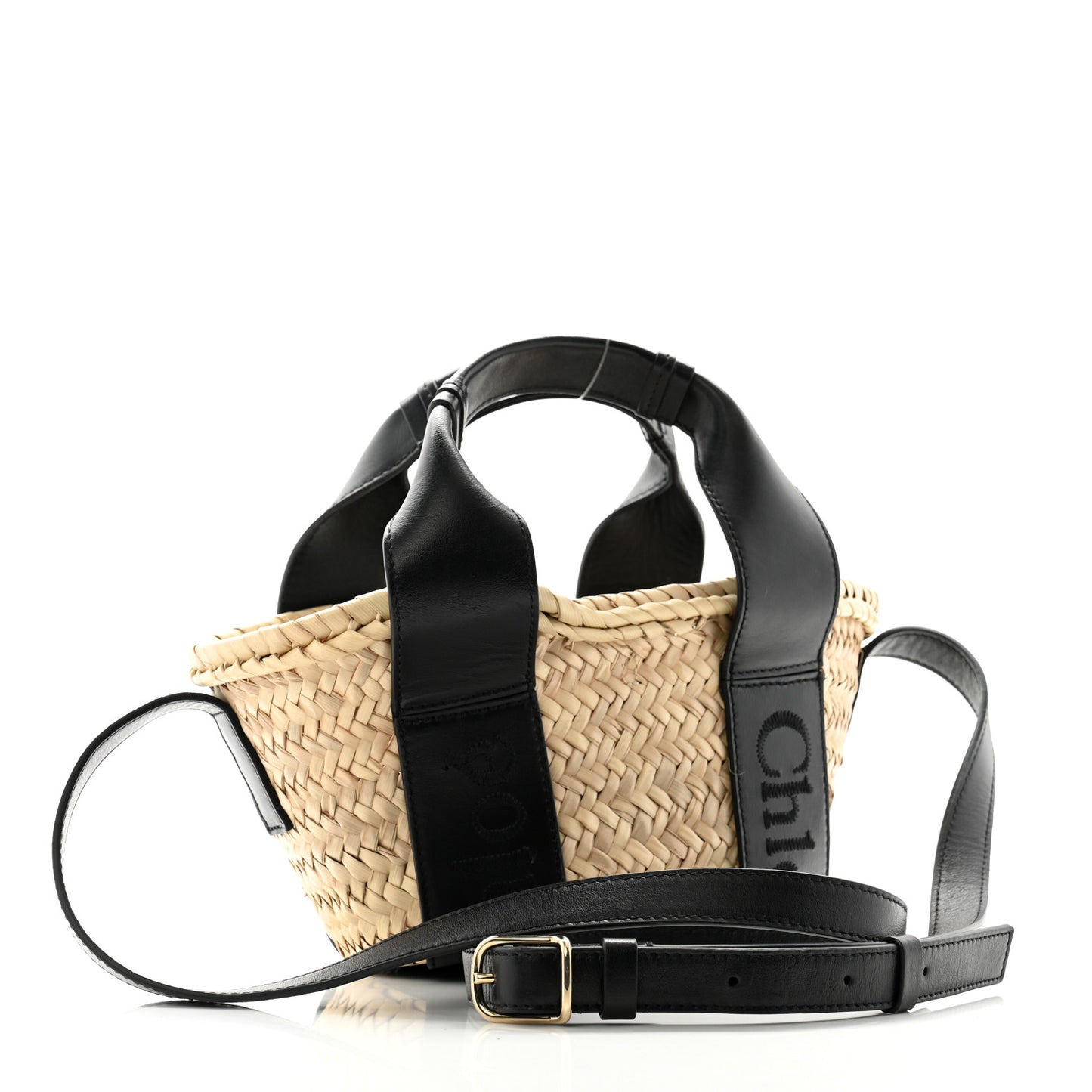 Raffia Smooth Calfskin Small Sense Basket Black