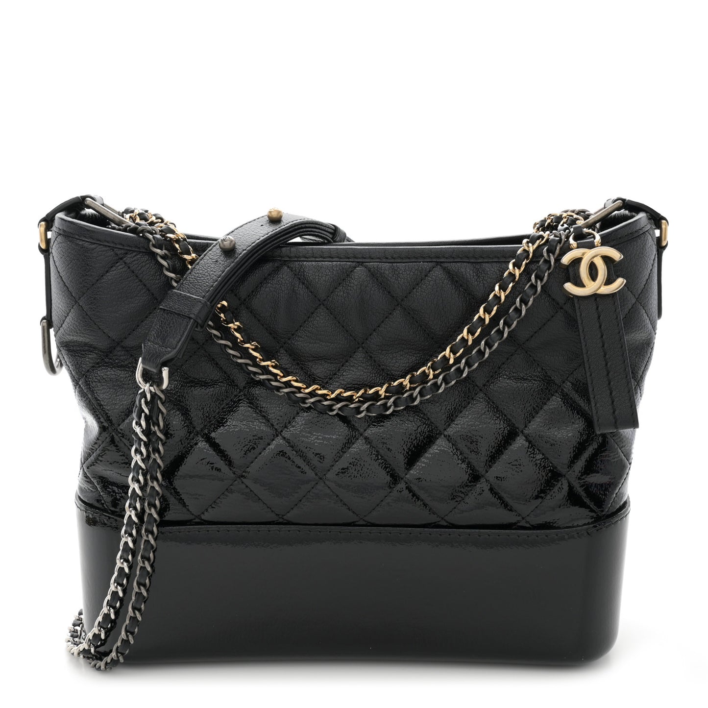 Patent Goatskin Quilted Medium Gabrielle Hobo Black