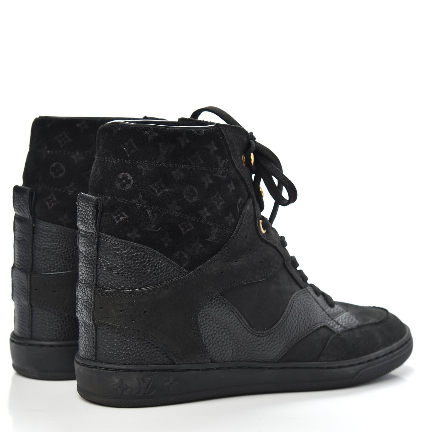 Calfskin Suede Monogram Cliff Top Wedge Sneakers 37 Black