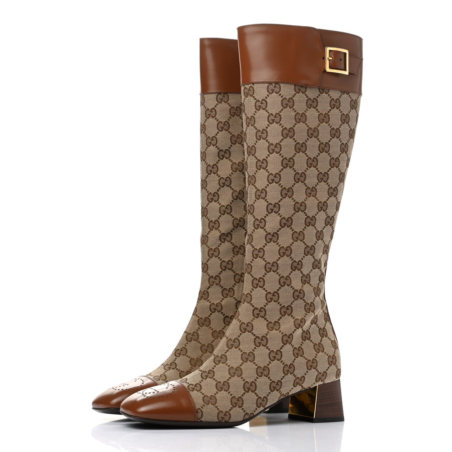 Monogram Cordovan Lux GG Knee High Boots 38 Beige Cuir