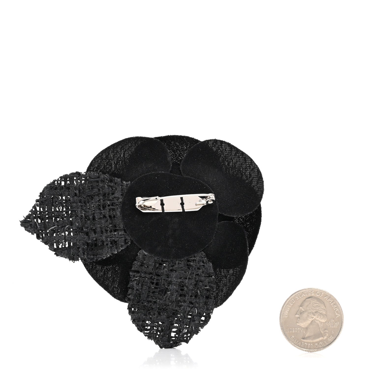 Chanel Tweed Fabric Camellia Pin Brooch Black 2 of 3
