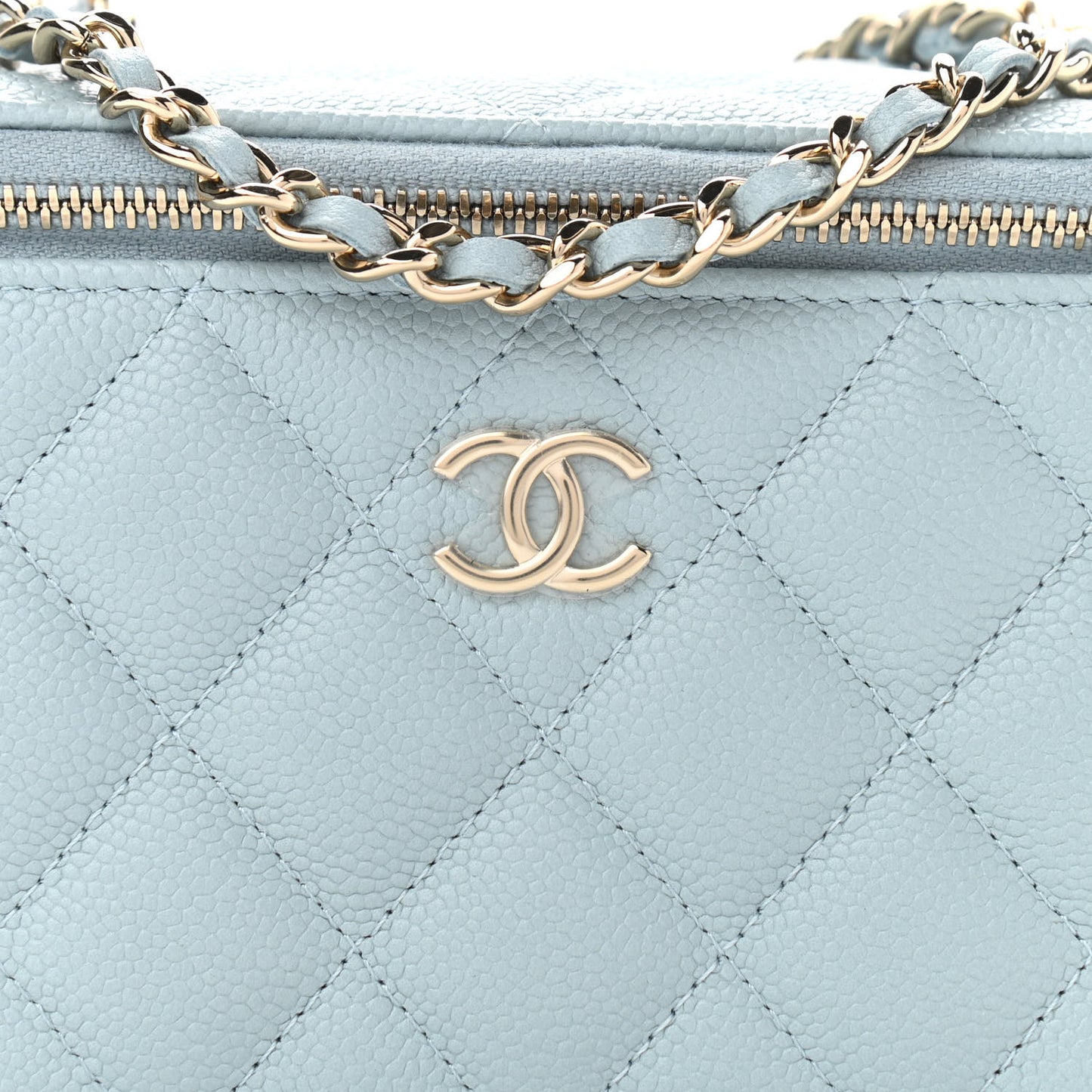Caviar Quilted Small Tiny CC Vanity Case With Chain Light Blue