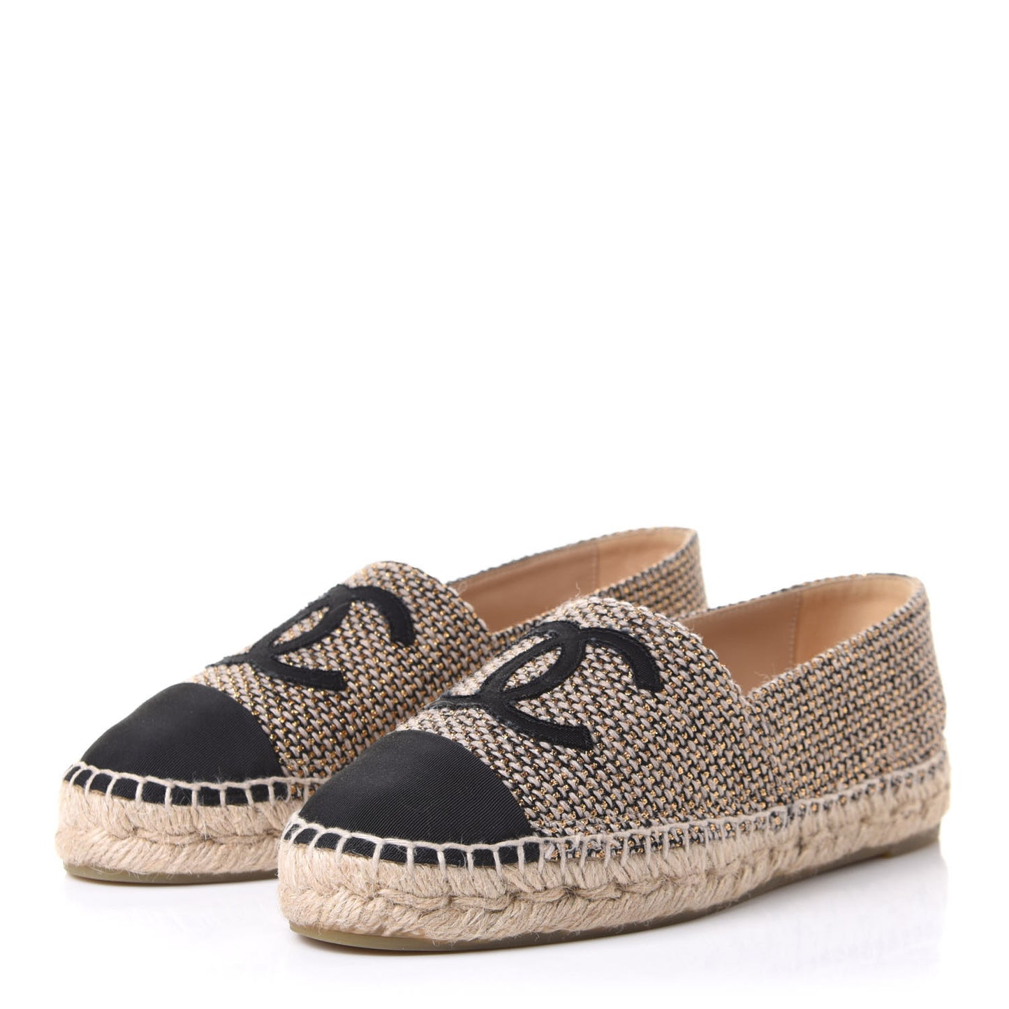 Tweed Grosgrain CC Espadrilles 36 Gold Beige Black