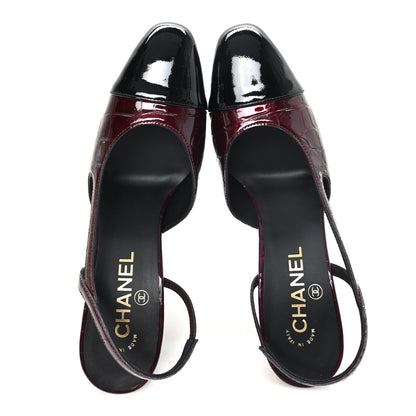 Chanel Crocodile Embossed Patent Grosgrain Cap Toe CC Slingback Pumps 37.5 Dark Burgundy Black 2 of 10
