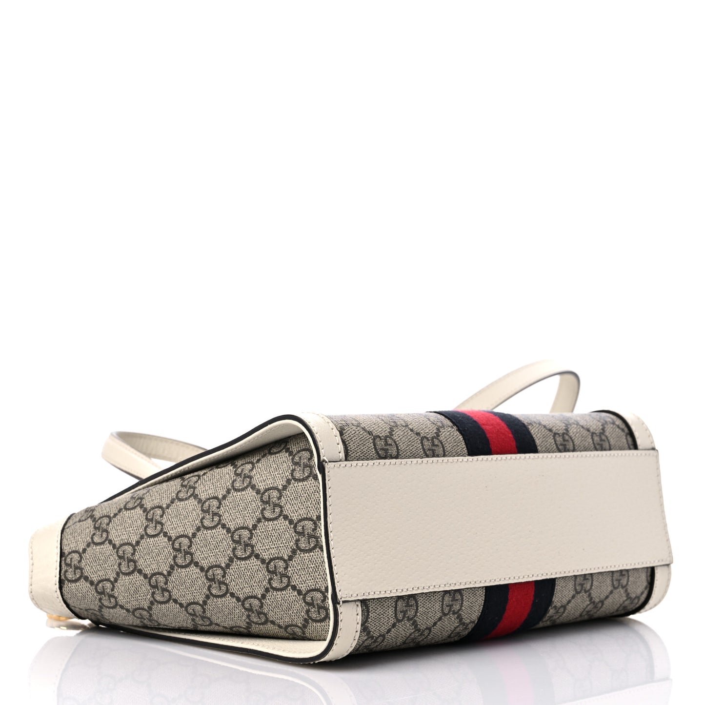 GG Supreme Monogram Textured Dollar Calfskin Web Small Ophidia Tote Bag Beige Ebony Mystic White