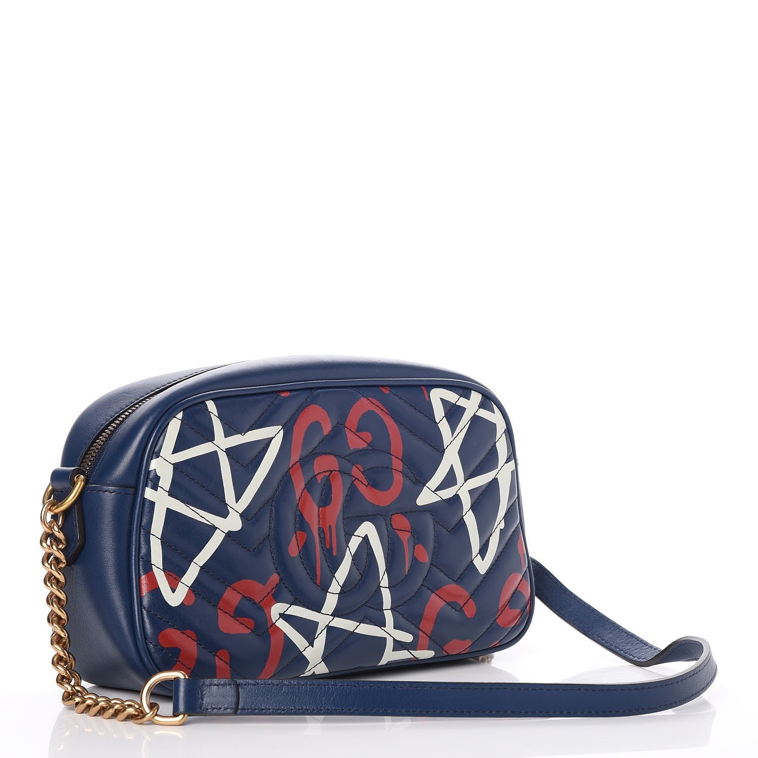 Gucci Calfskin Matelasse GucciGhost Small GG Marmont Chain Shoulder Bag Blue Agata Hibiscus Red 3 of 9