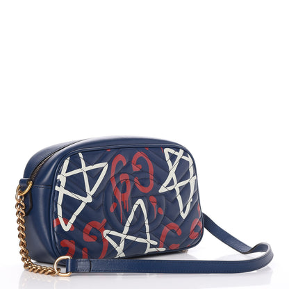 Gucci Calfskin Matelasse GucciGhost Small GG Marmont Chain Shoulder Bag Blue Agata Hibiscus Red 3 of 9
