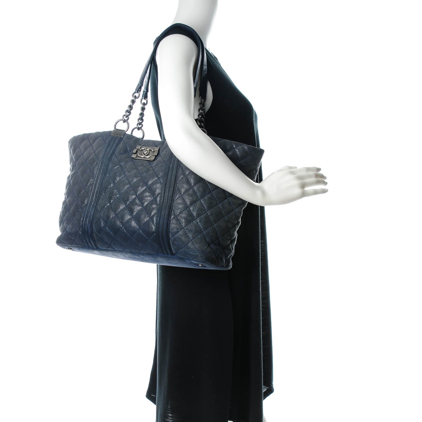 Iridescent Calfskin Quilted Large Gentle Boy Shopping Tote Navy