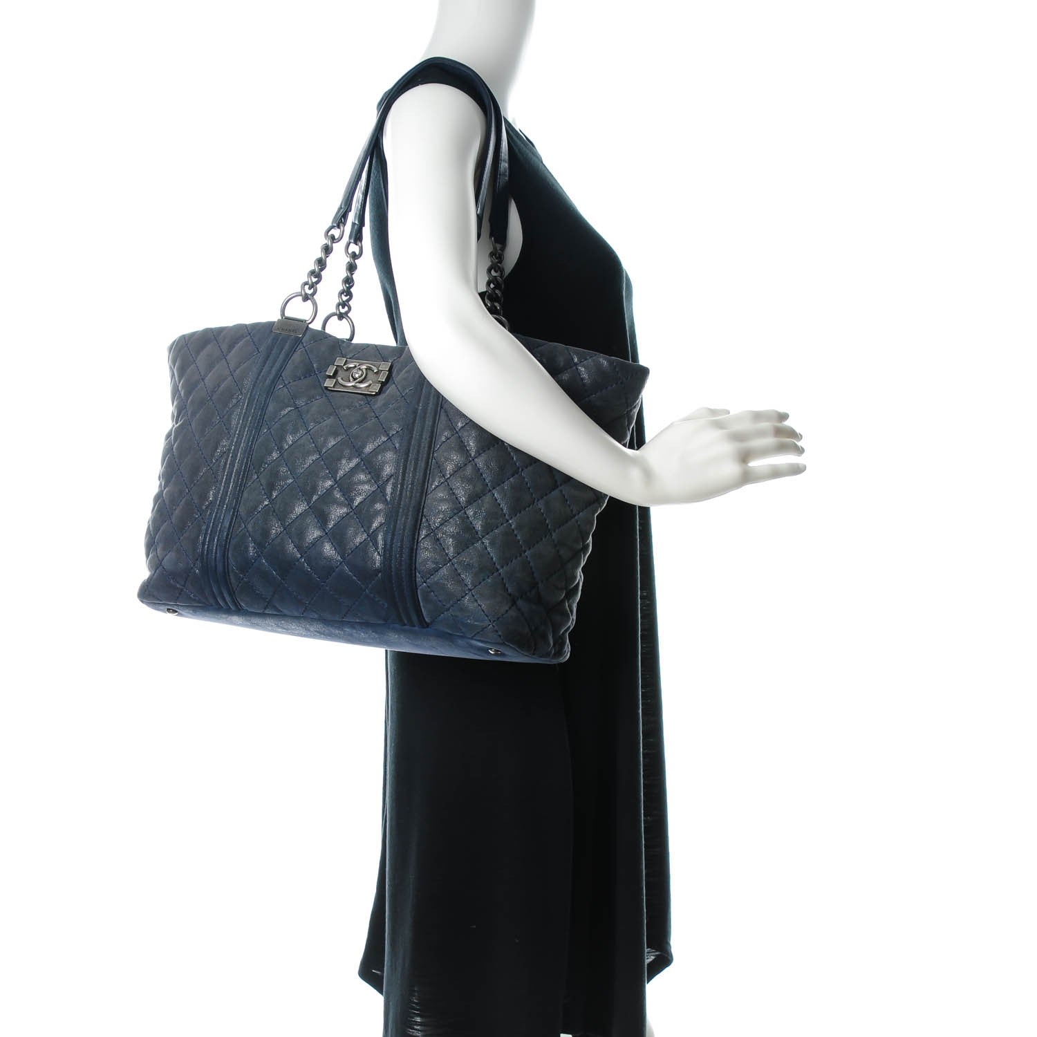 Chanel Iridescent Calfskin Quilted Large Gentle Boy Shopping Tote Navy 2 of 7