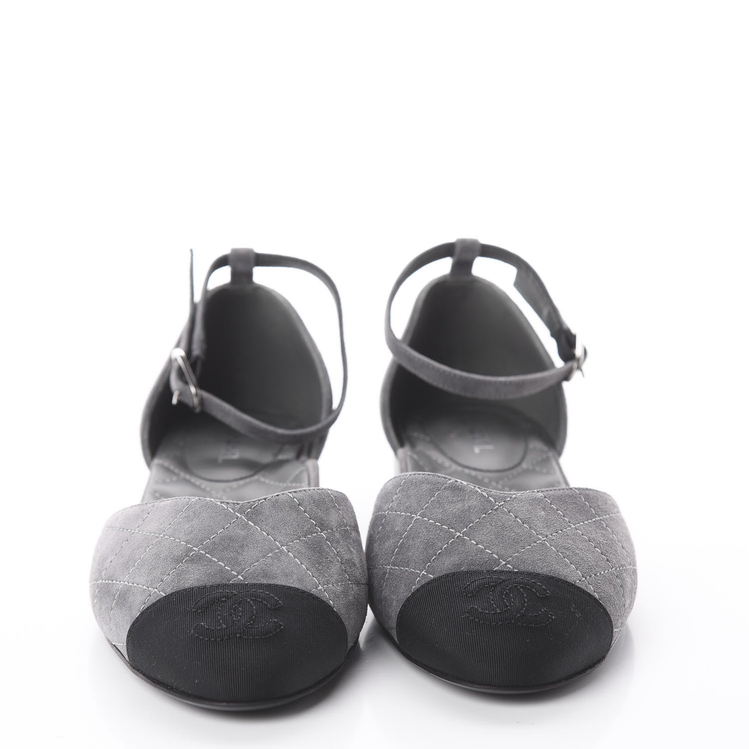 Chanel Suede Grosgrain Cap Toe CC Ankle Strap Sandals 37.5 Grey Black 3 of 7