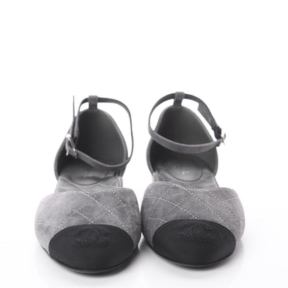 Chanel Suede Grosgrain Cap Toe CC Ankle Strap Sandals 37.5 Grey Black 3 of 7
