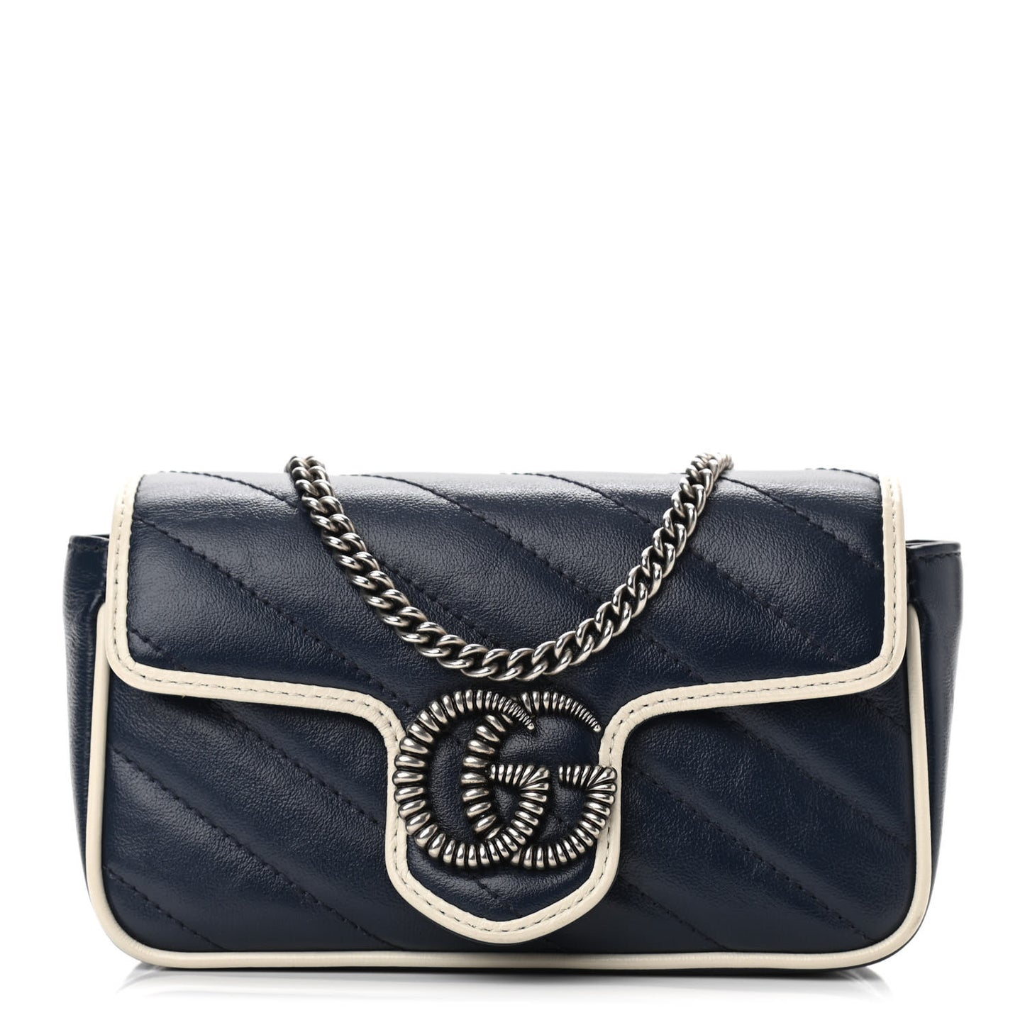 Vintage Effect Calfskin Matelasse Diagonal Super Mini Torchon GG Marmont Shoulder Bag Blue Agata Mystic White