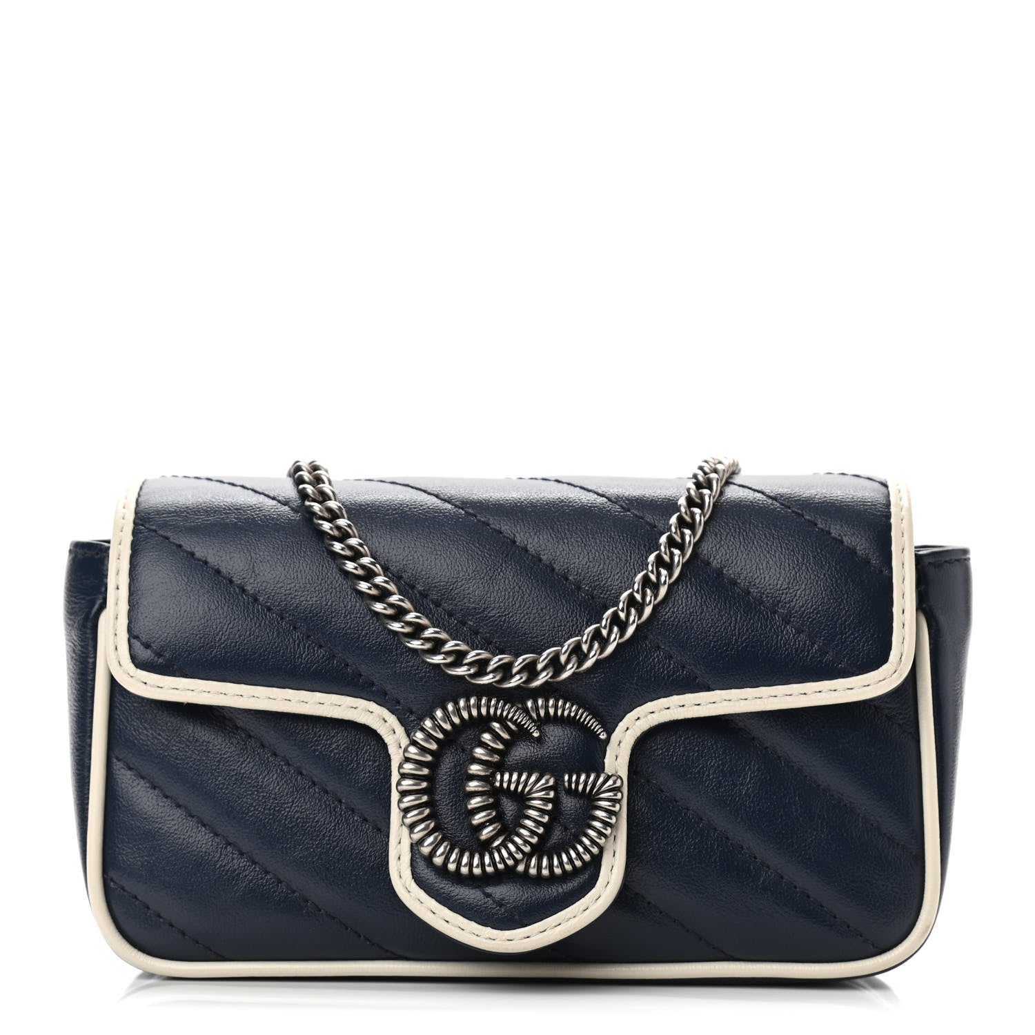 Gucci Vintage Effect Calfskin Matelasse Diagonal Super Mini Torchon GG Marmont Shoulder Bag Blue Agata Mystic White 1 of 10