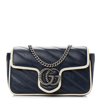 Gucci Vintage Effect Calfskin Matelasse Diagonal Super Mini Torchon GG Marmont Shoulder Bag Blue Agata Mystic White 1 of 10