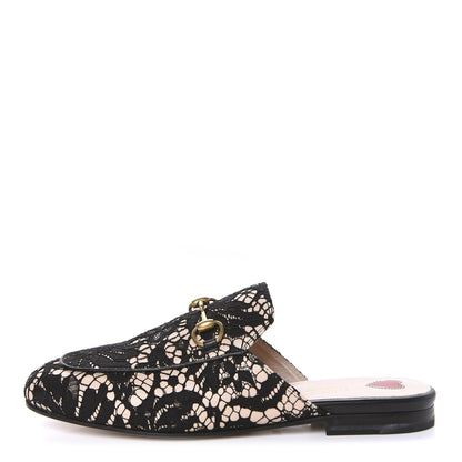 Gucci Lace Malaga Kid Womens Princetown Slippers 35.5 Black Skin Rose 1 of 9
