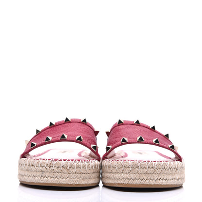 Valentino Garavani Pebbled Calfskin Rockstud Espadrille Flat Slide Sandals 38 Red 2 of 9