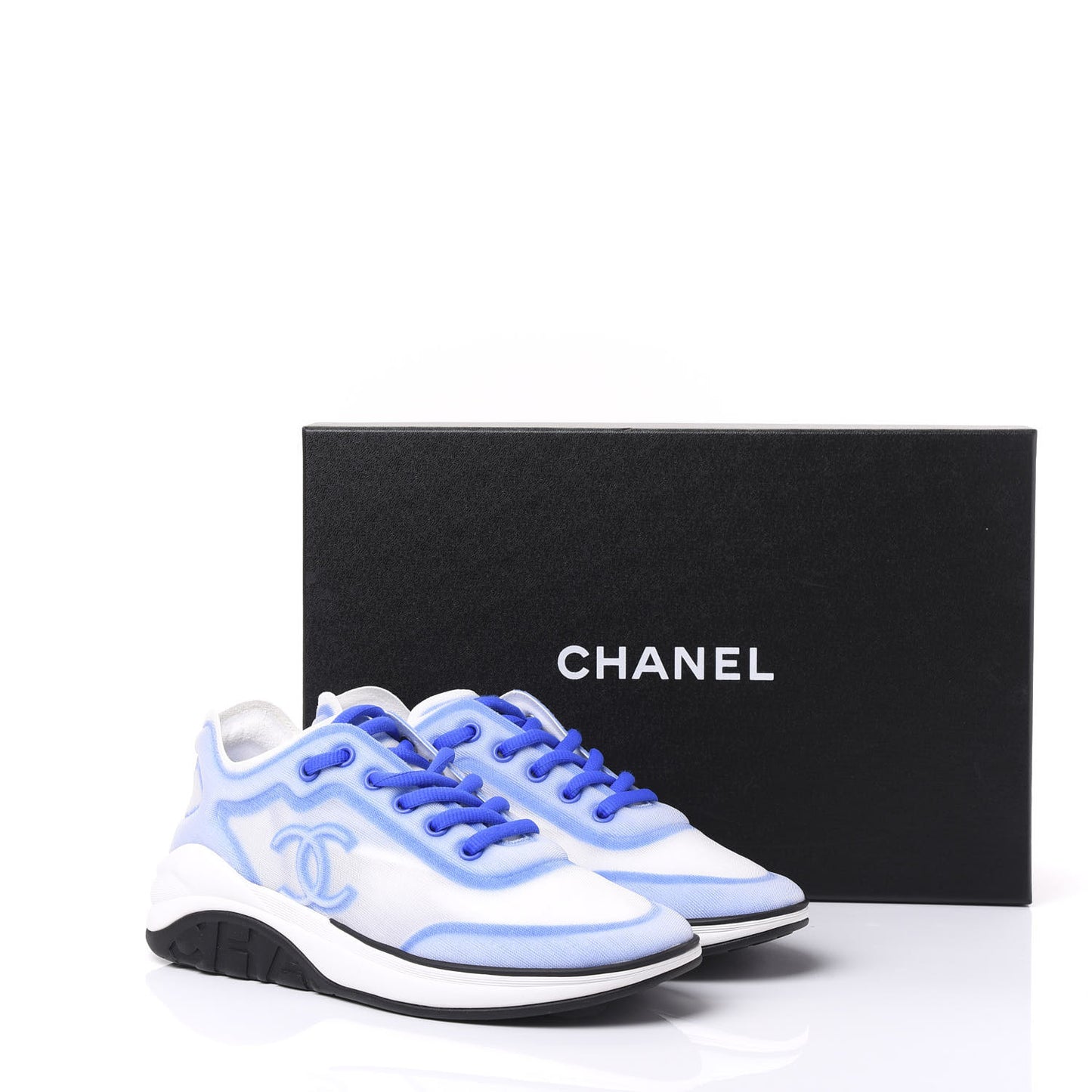Calfskin Mesh Lyrca Womens Logo Sneakers 37.5 White Blue