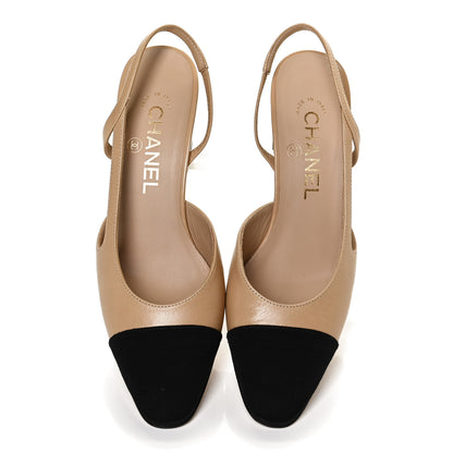 Chanel Goatskin Grosgrain Cap Toe CC Slingback Pumps 36 Beige Black 5 of 11