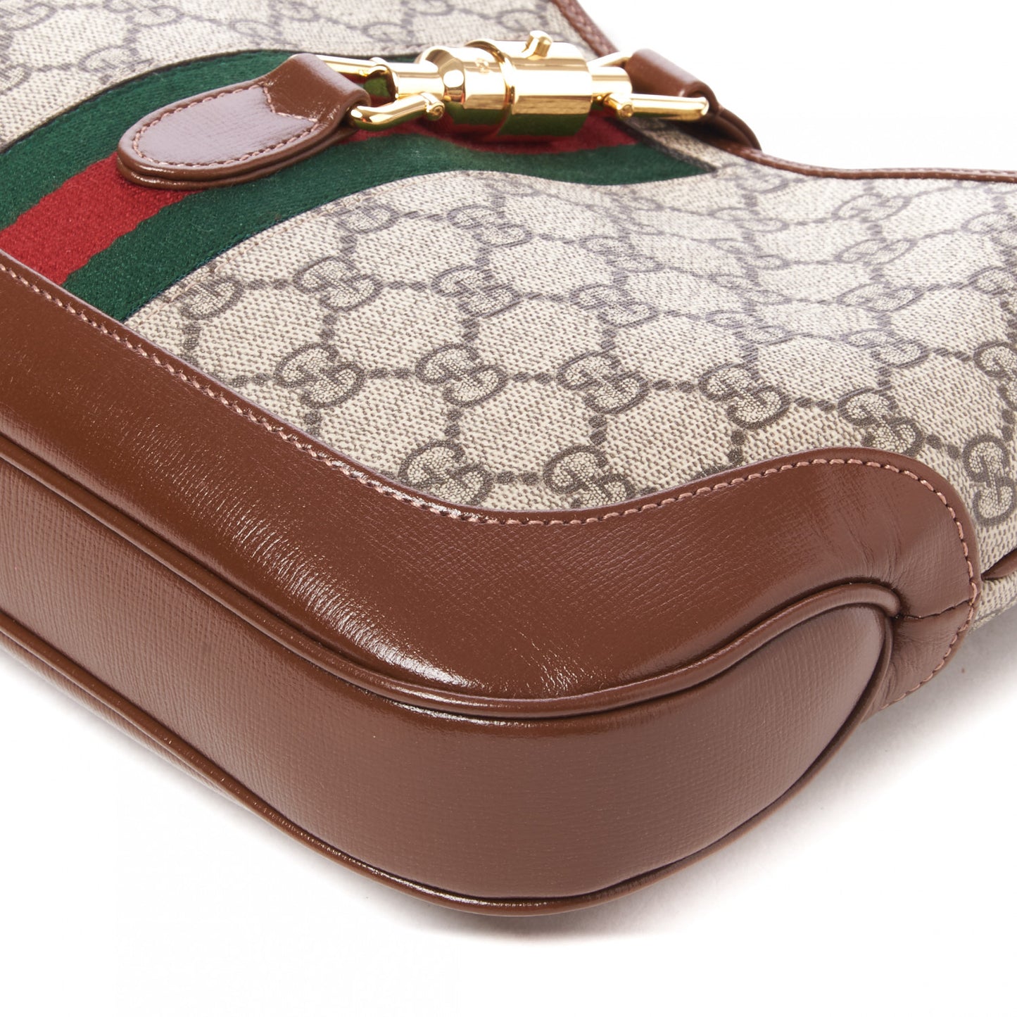 GG Supreme Monogram Azalea Calfskin Web Small Jackie 1961 Hobo Beige Ebony Brown Sugar