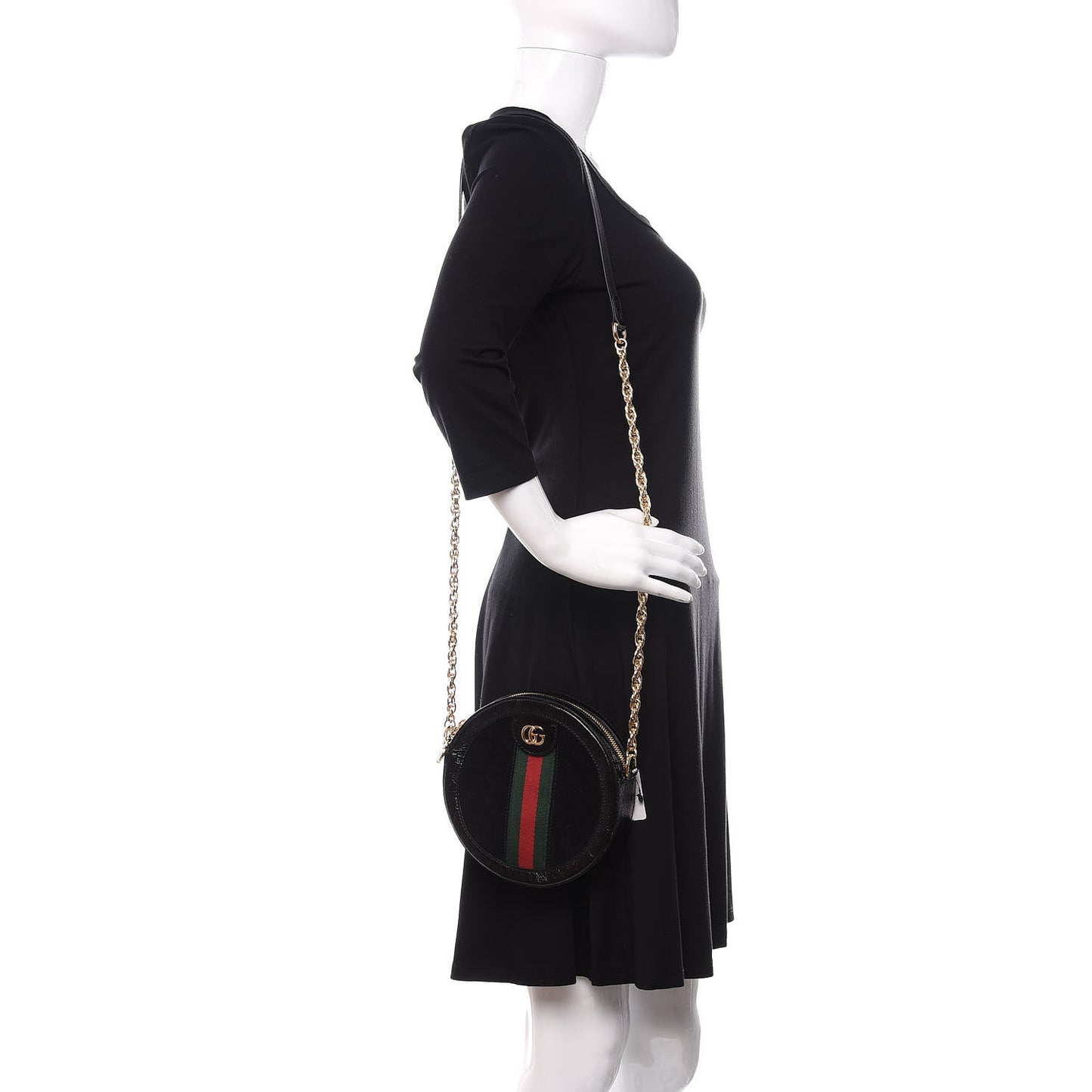 Suede Patent Web Mini Ophidia Round Shoulder Bag Black