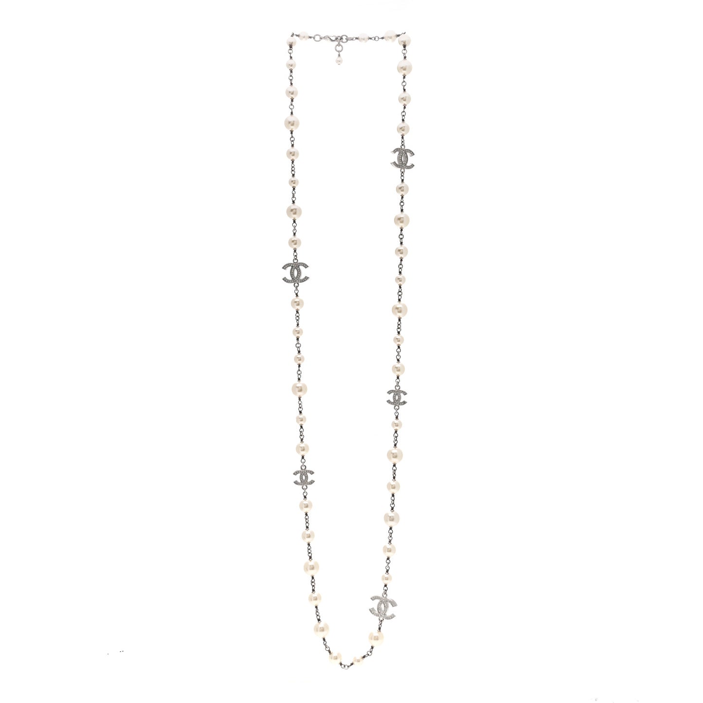 Graduated Pearl Crystal CC Long Necklace Silver