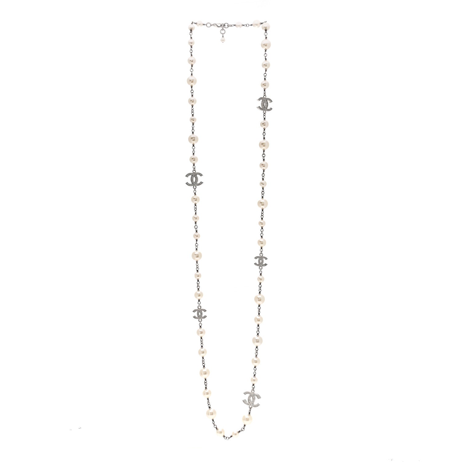 Chanel Graduated Pearl Crystal CC Long Necklace Silver 3 of 5