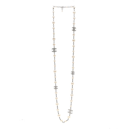 Chanel Graduated Pearl Crystal CC Long Necklace Silver 3 of 5