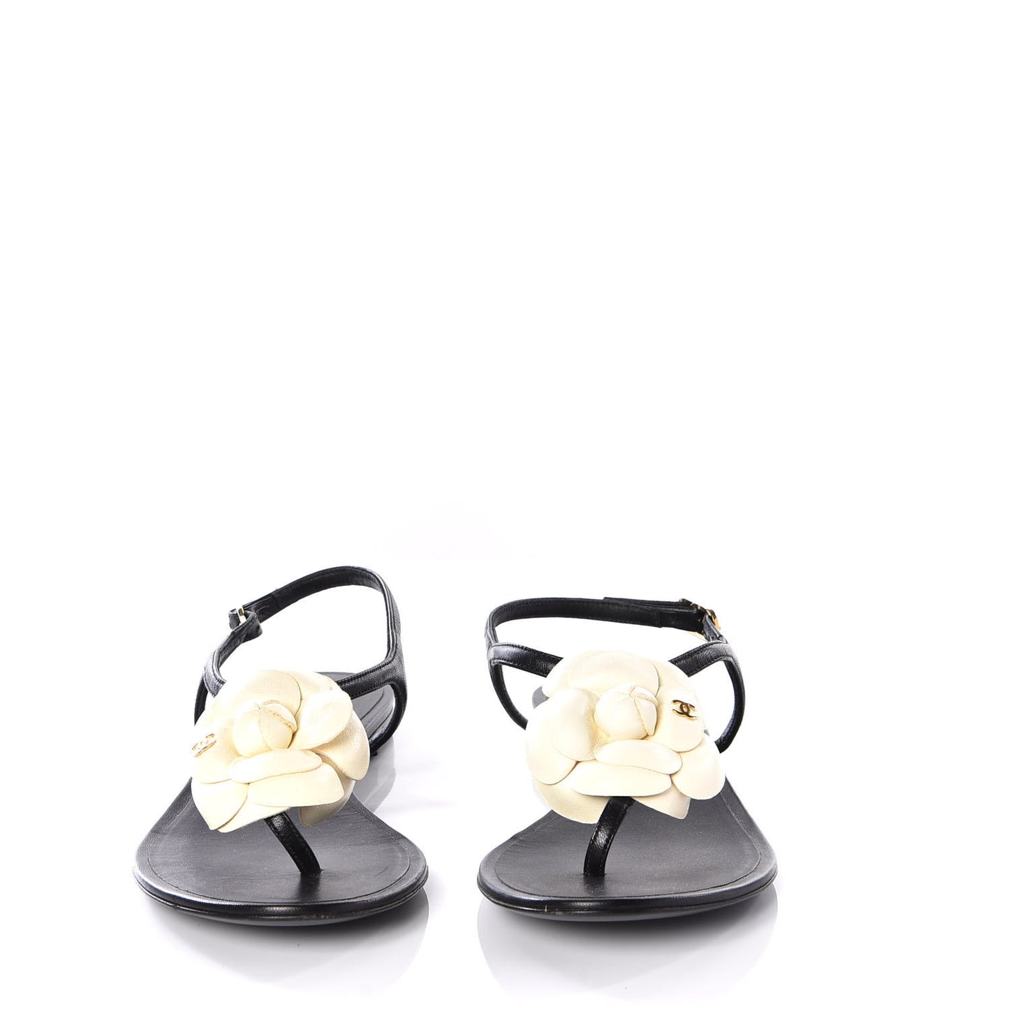 Lambskin Camellia Thong Sandals 35.5 Black White