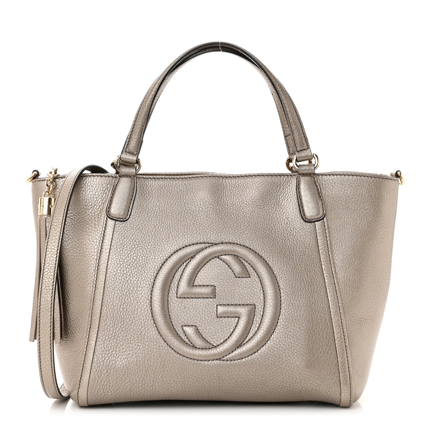 Metallic Pebbled Calfskin Small Soho Top Handle Bag Golden Beige