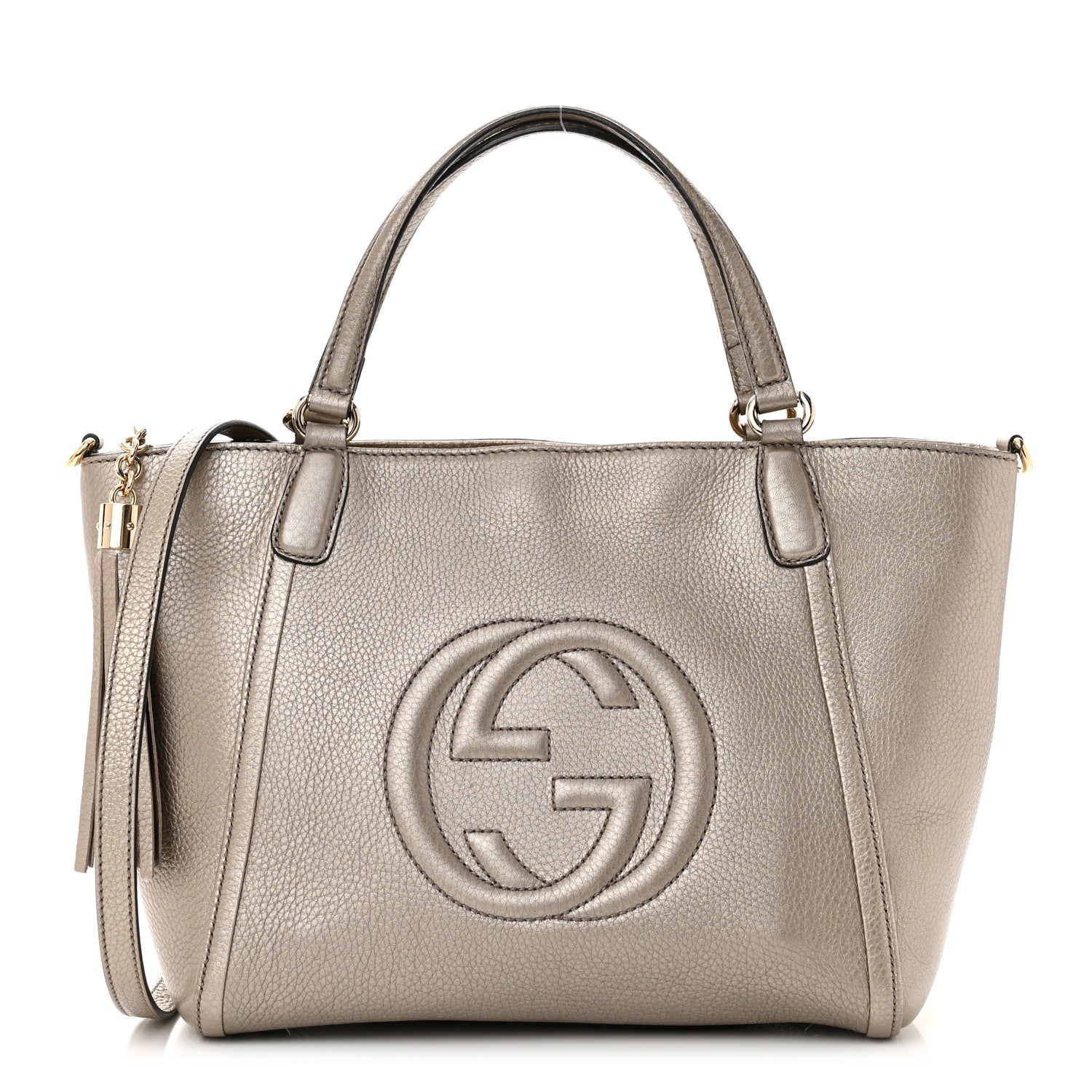 Gucci Metallic Pebbled Calfskin Small Soho Top Handle Bag Golden Beige 1 of 9