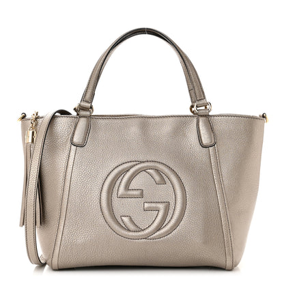 Gucci Metallic Pebbled Calfskin Small Soho Top Handle Bag Golden Beige 1 of 9