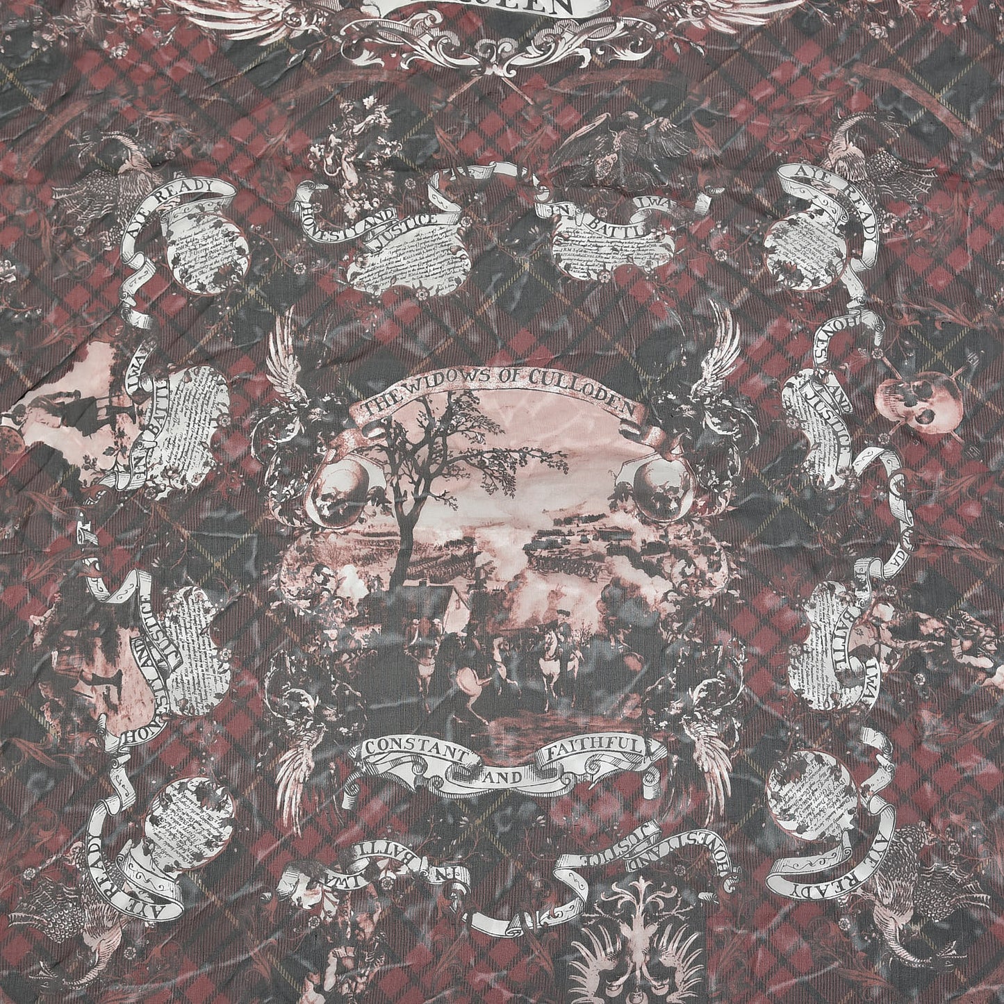 Silk Plaid Skull Print Scarf Red