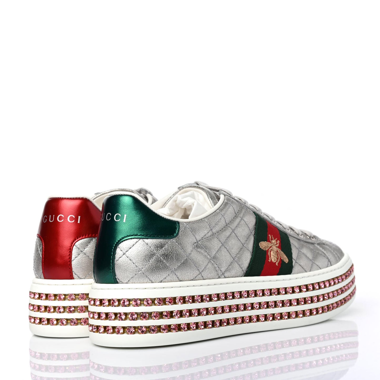 Laminated Nappa Crystal Web Bee Embroidered Trapuntata Womens Ace Platform Sneakers 36 Argento