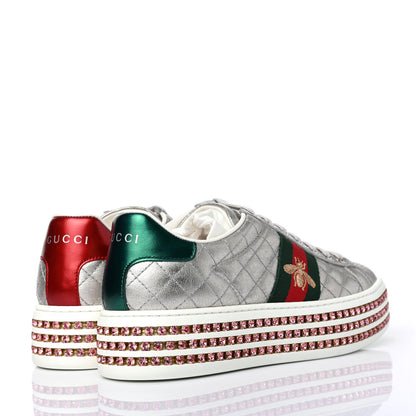 Gucci Laminated Nappa Crystal Web Bee Embroidered Trapuntata Womens Ace Platform Sneakers 36 Argento 3 of 4