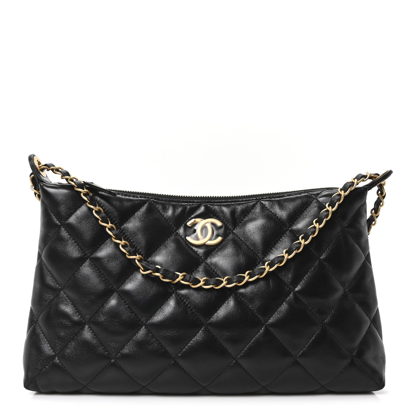 Shiny Lambskin Quilted CC Hobo Black