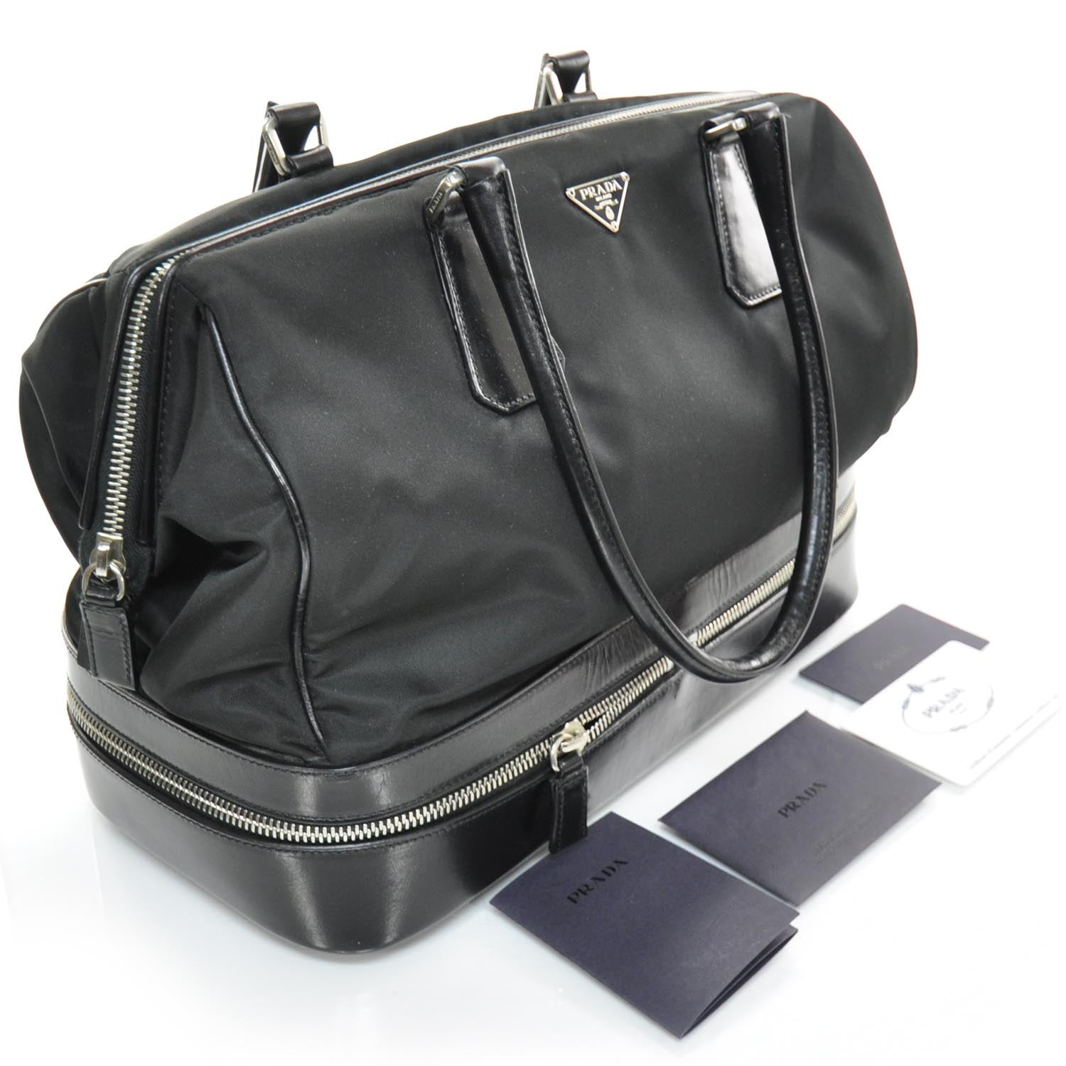 Prada Tessuto Nylon Leather Travel Tote Nero Black 3 of 10