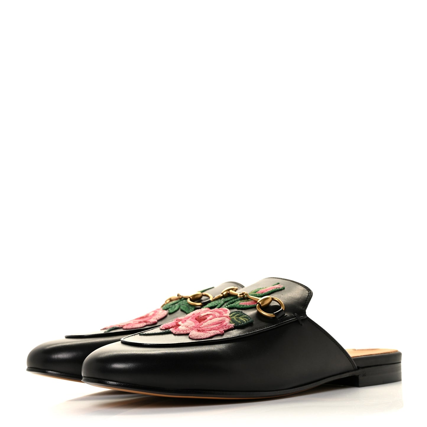 Calfskin Flower Embroidered Princetown Slippers 40 Black