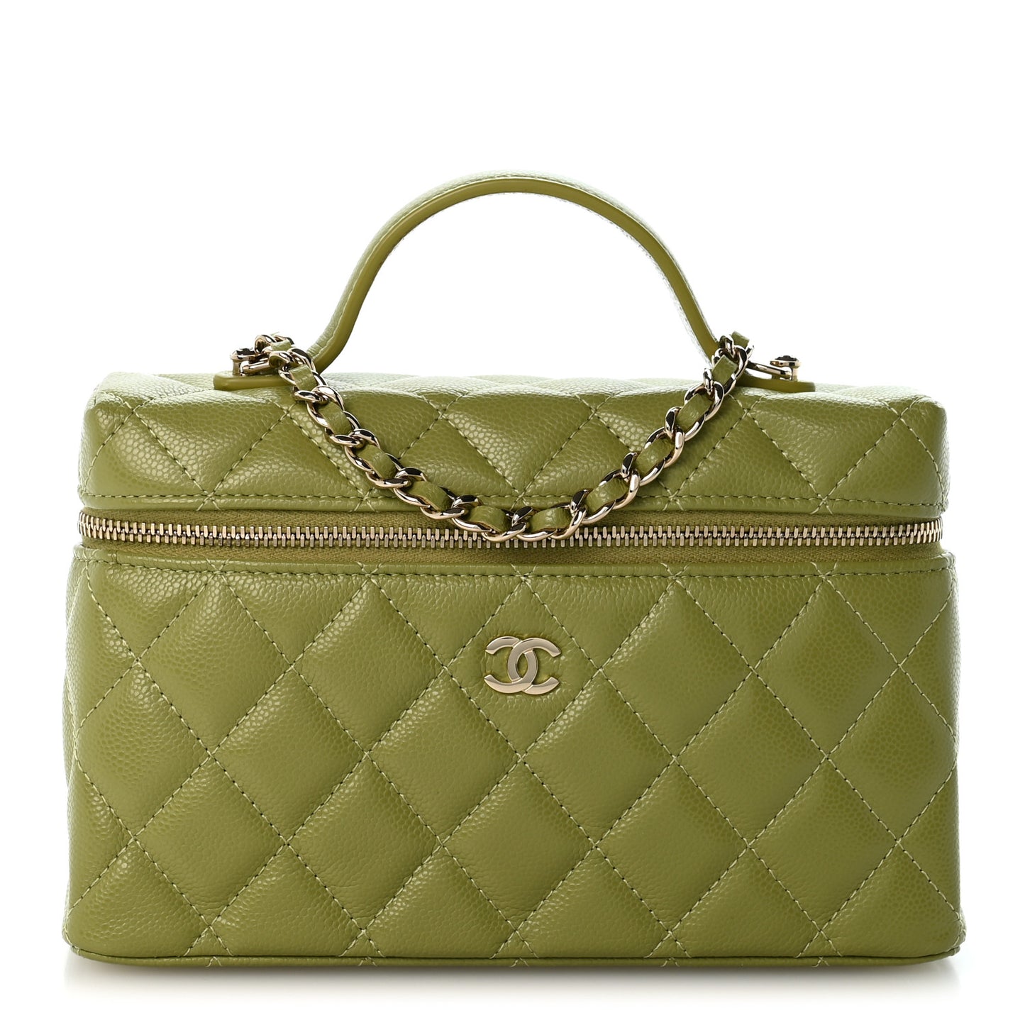 Caviar Quilted Top Handle Slim Vanity With Chain Khaki