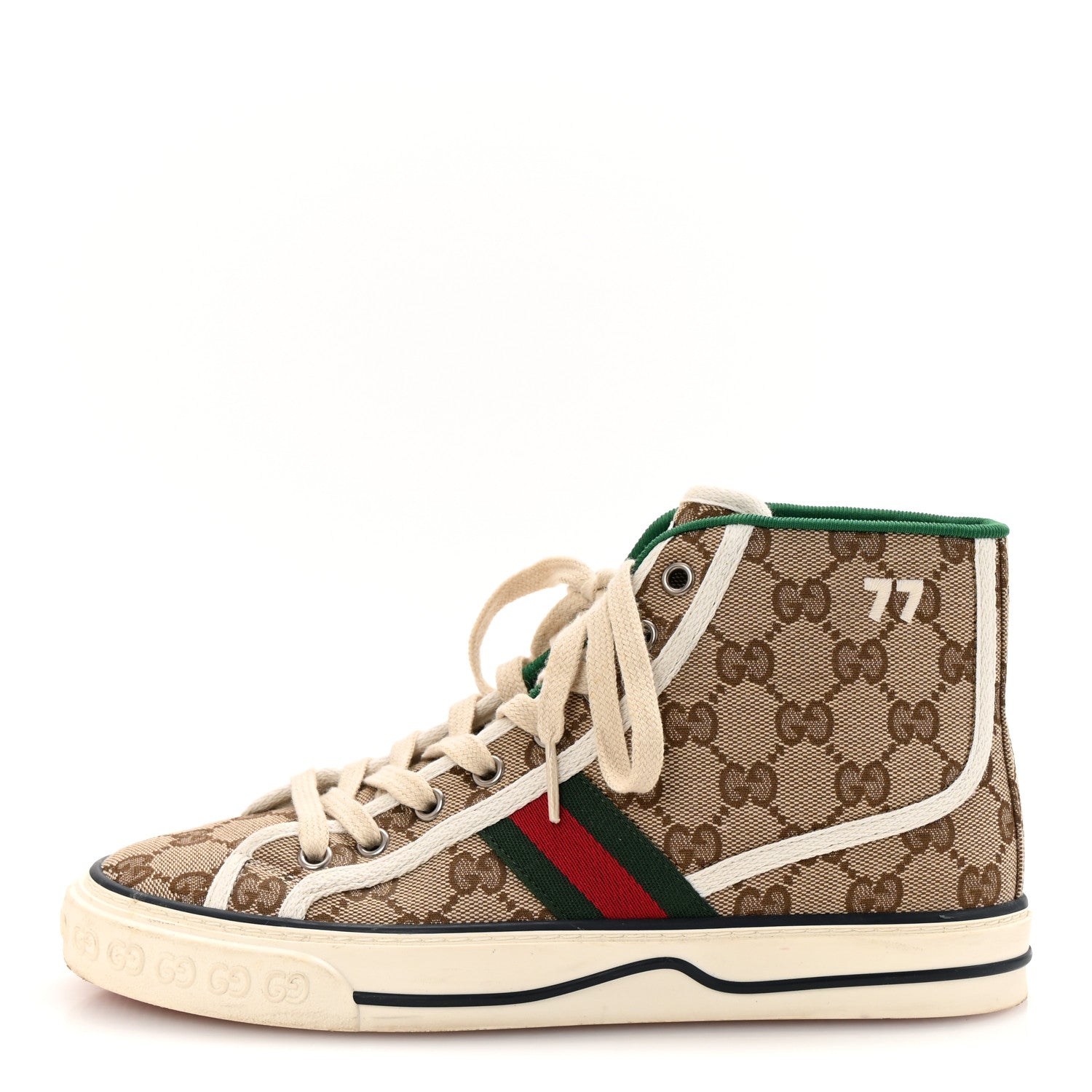 Gucci GG Monogram Web Womens 1977 Tennis High Top Sneakers 37.5 Beige Ebony Mystic White 1 of 10