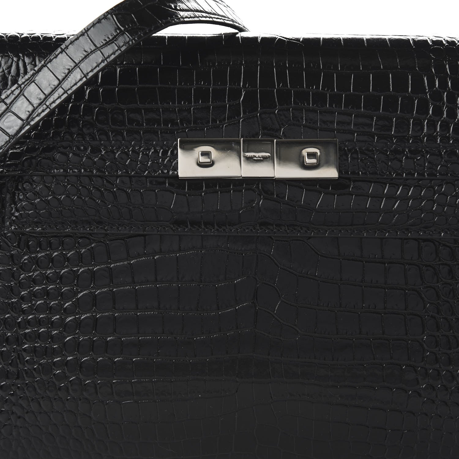 Saint Laurent Shiny Calfskin Crocodile Embossed Manhattan Baguette Black 7 of 9