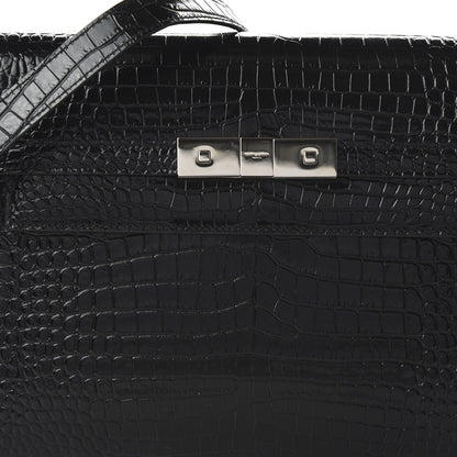 Saint Laurent Shiny Calfskin Crocodile Embossed Manhattan Baguette Black 7 of 9