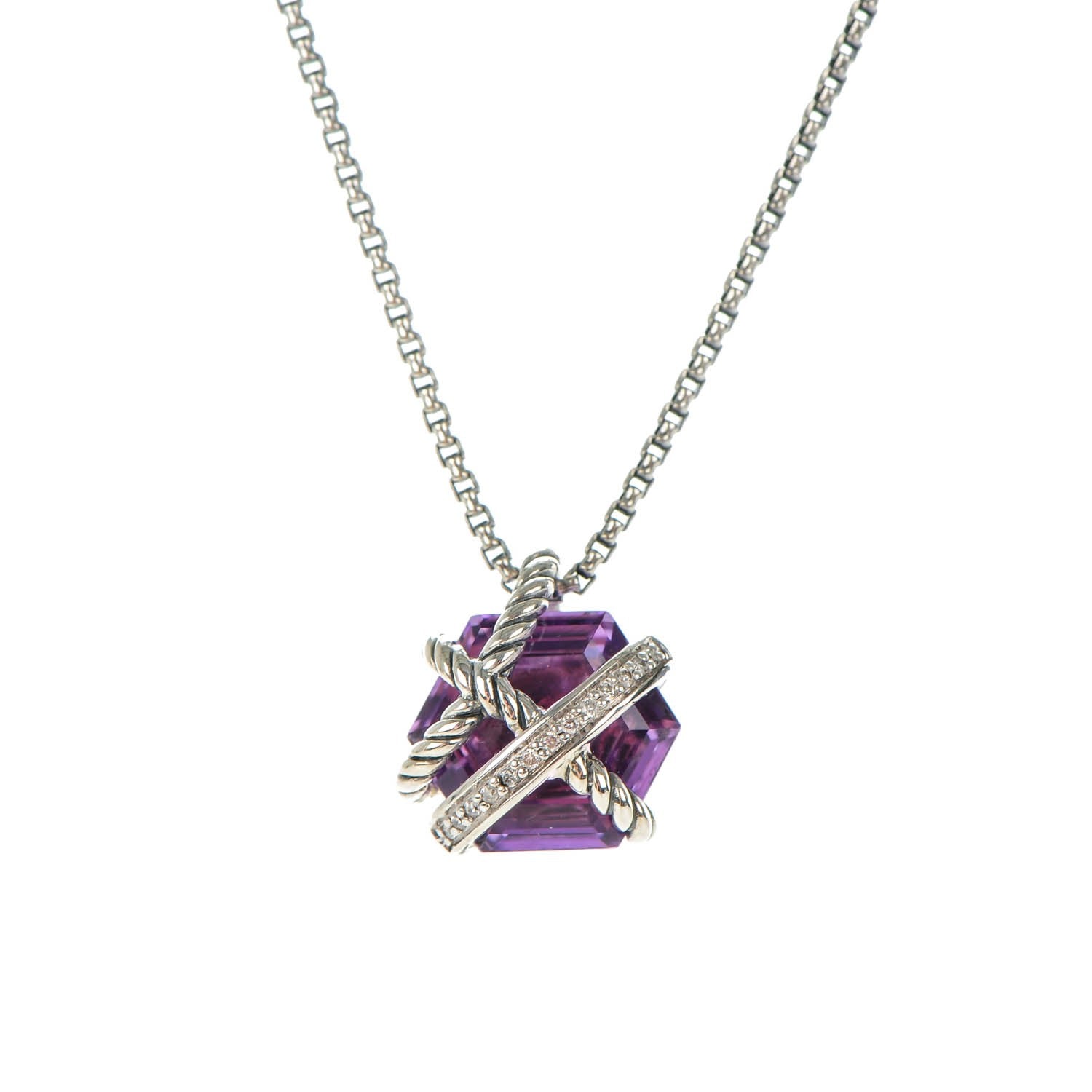 David Yurman Sterling silver Pave Diamond Amethyst 10mm Petite Cable Wrap Pendant Necklace 3 of 6