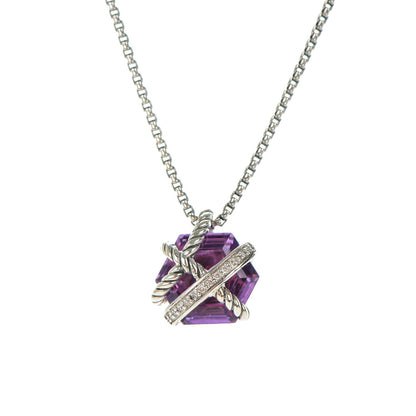 David Yurman Sterling silver Pave Diamond Amethyst 10mm Petite Cable Wrap Pendant Necklace 3 of 6