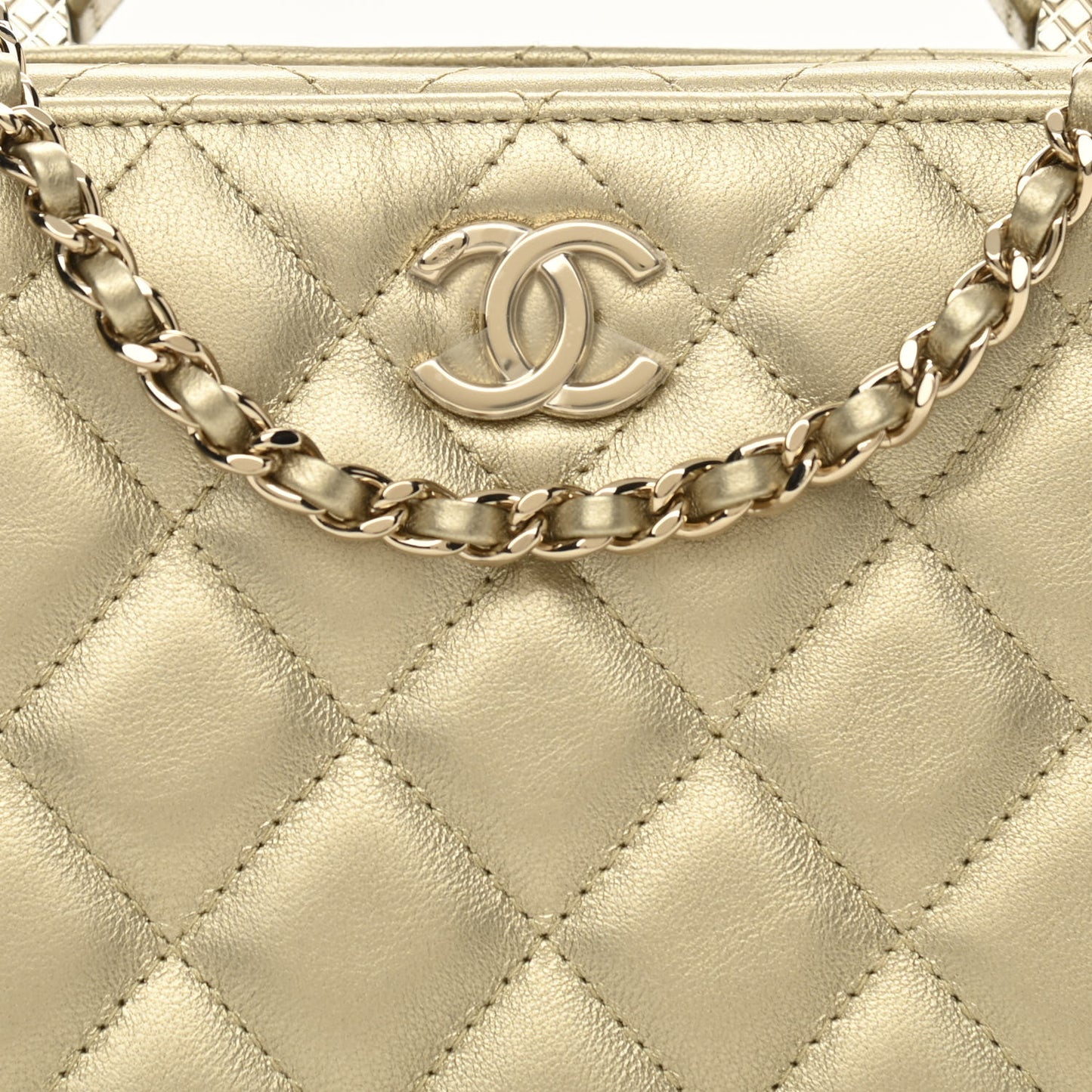 Metallic Lambskin Quilted Top Handle Vanity Case Gold