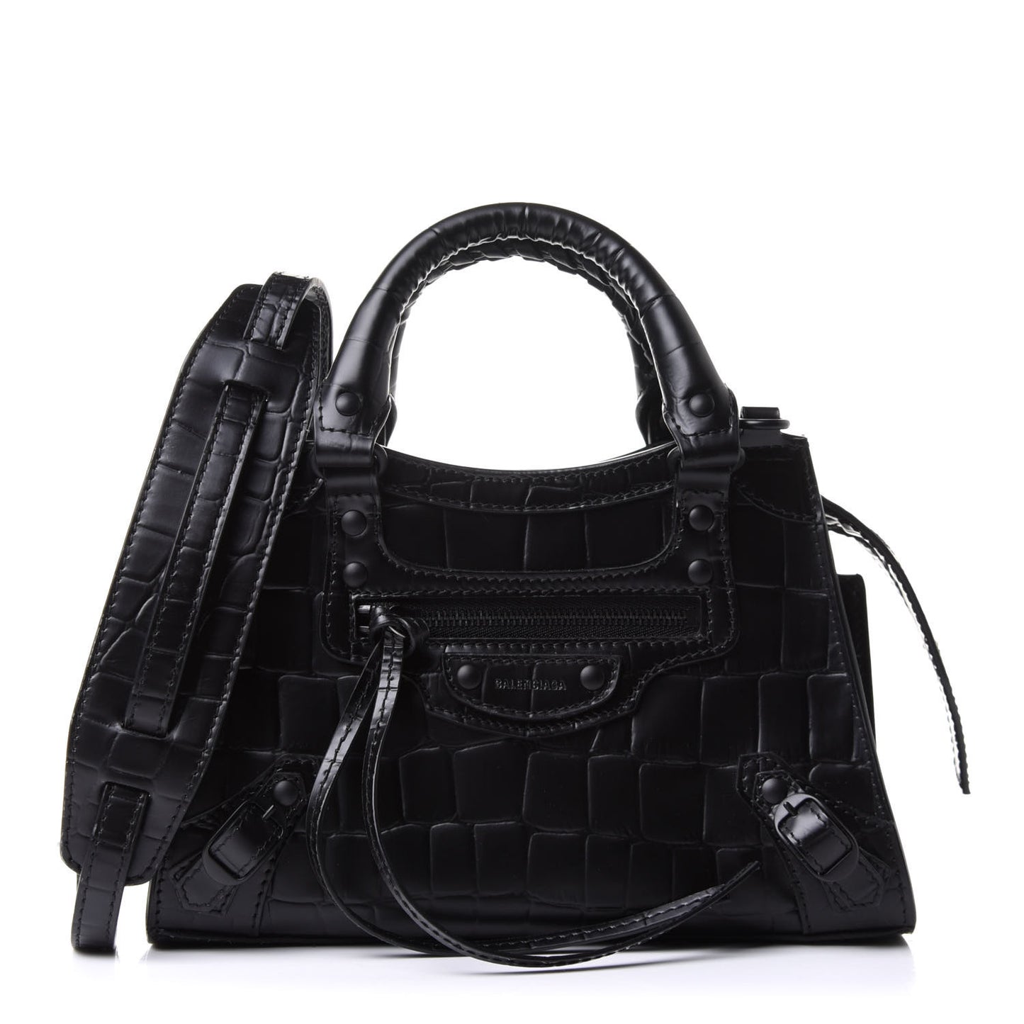 Semi Shiny Calfskin Crocodile Embossed Neo Classic Black Hardware Mini City Black