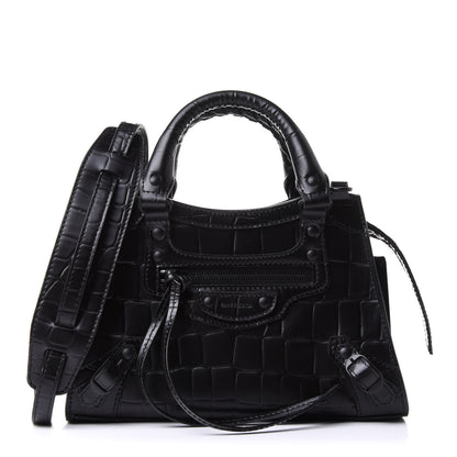 Balenciaga Semi Shiny Calfskin Crocodile Embossed Neo Classic Black Hardware Mini City Black 1 of 16