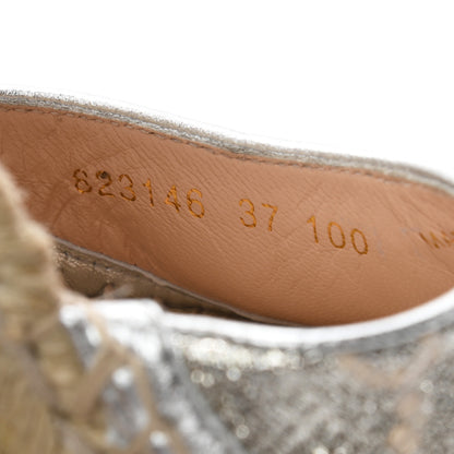 Gucci Lame GG Monogram Ankle Wrap Platform Espadrille Wedges 37 Silver Beige Light Grey 9 of 10